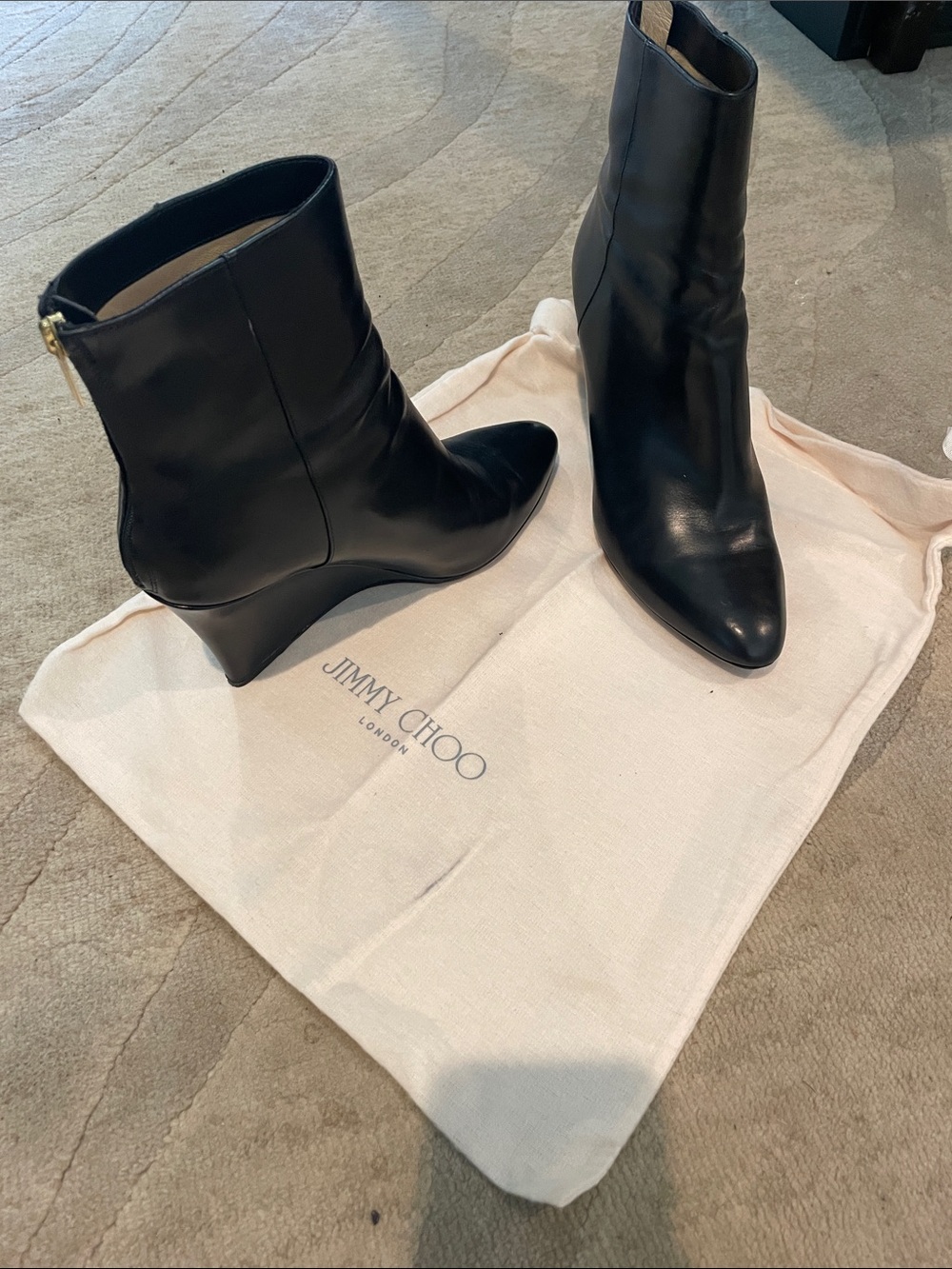 Jimmy Choo Black Leather Pointed Wedge Ankle Boots